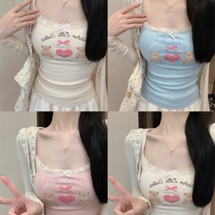 人棉涂鸦可爱小熊印花吊带背心女自带胸垫美背蕾丝边内搭外 H334