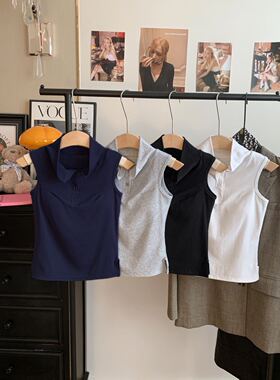 33031#2025新款夏季polo领无袖背心吊带女韩系高级感翻领上衣