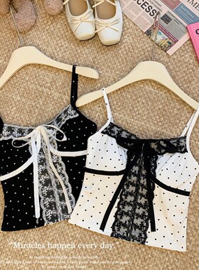66023#2025夏季新款性感辣妹带胸垫波点蕾丝拼接吊带短款上衣女