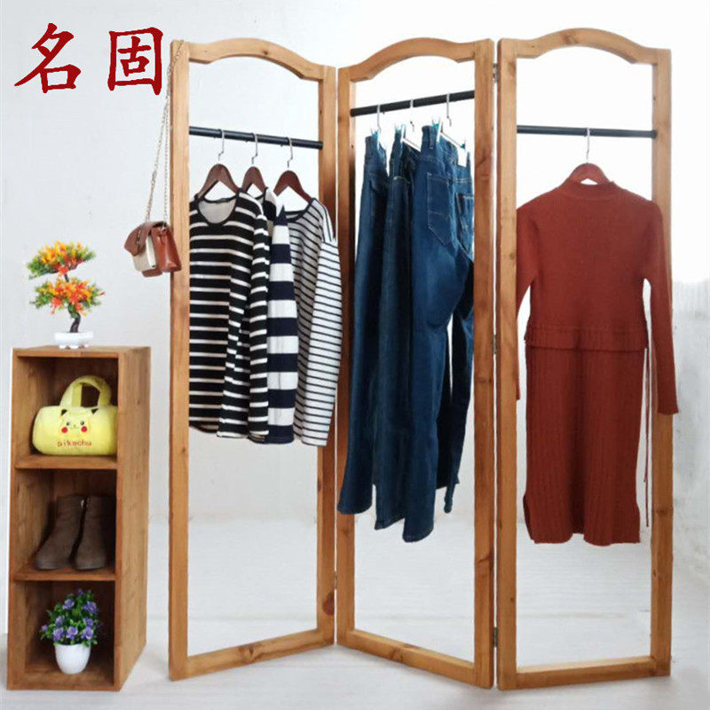 复古女装货架服装店中岛展示架落地式实木屏风折叠隔断铁艺挂衣架