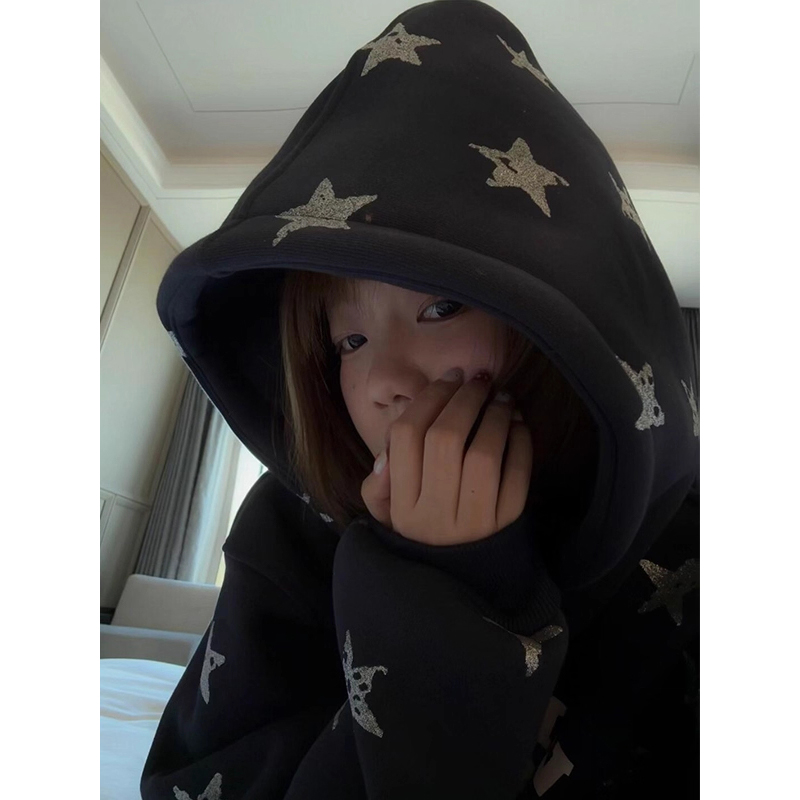 美式复古满印星星卡通连帽卫衣
