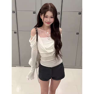 T恤设计感辣妹荡领修身 甜美气质皮肩带露肩长袖 上衣 新款 女早秋季