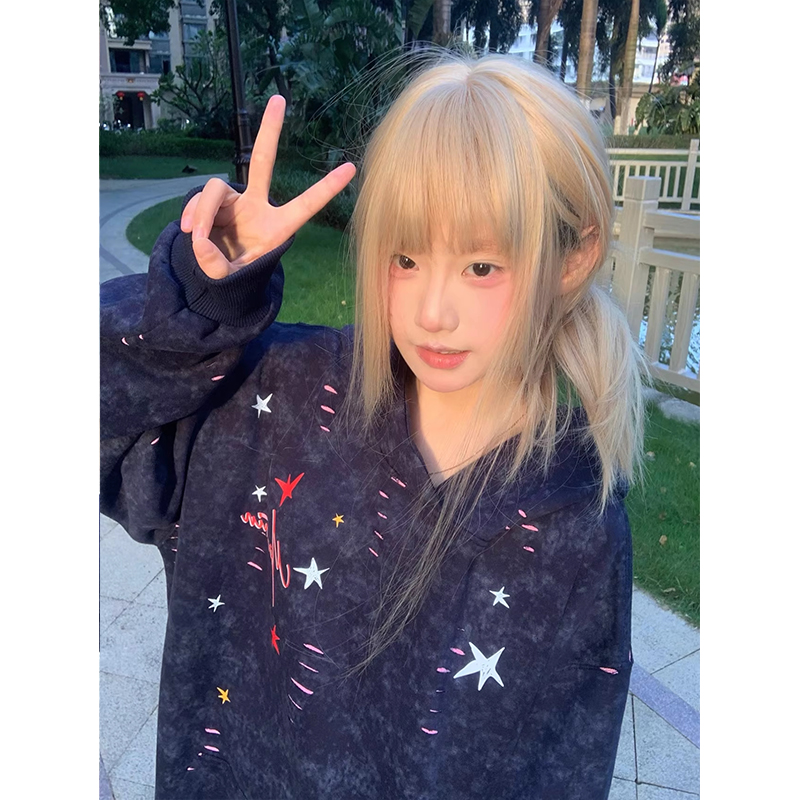 美式高街星星彩点破洞连帽卫衣