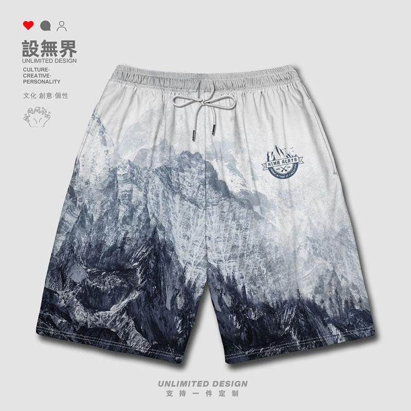 国潮雪山印花ins大码马运动短裤