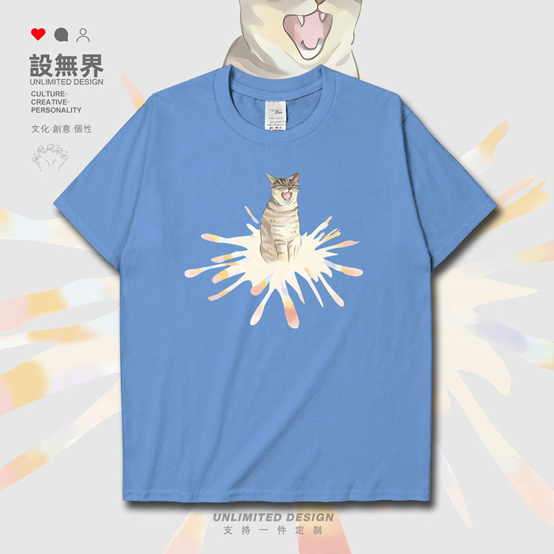 灯光暴躁猫咪可爱卡通趣短袖T恤
