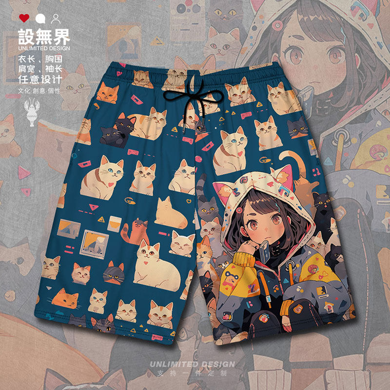 拼贴猫咪街头潮酷女孩卡运动短裤