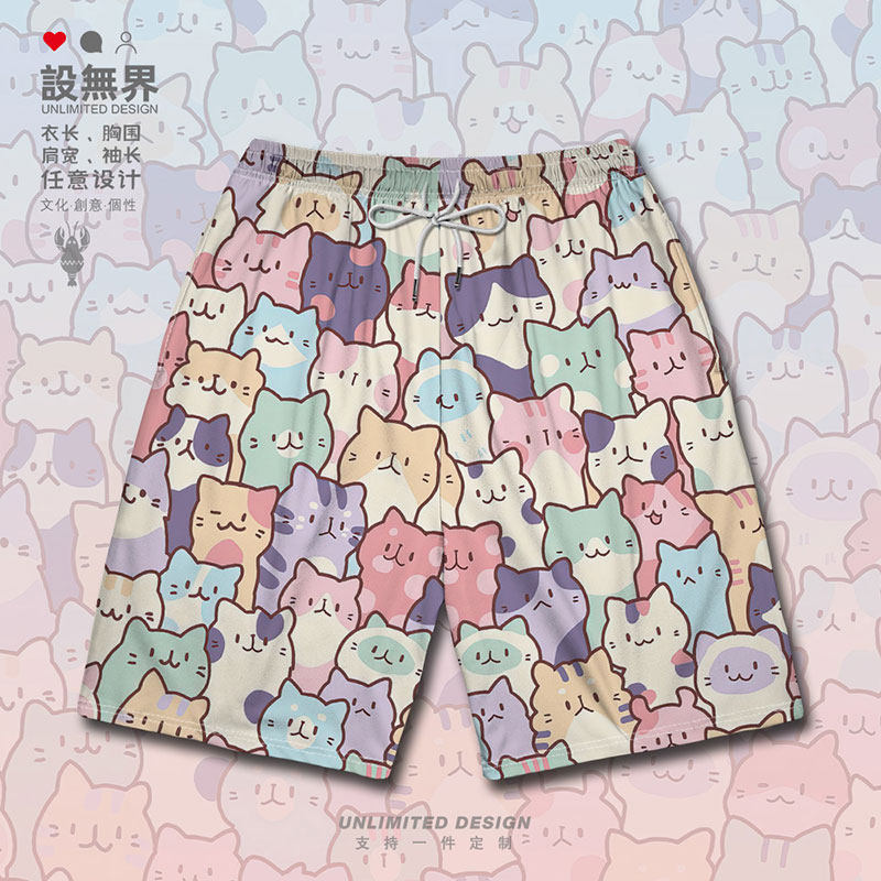 日系手绘萌宠小奶猫猫咪运动短裤