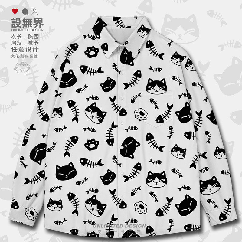 日系chic猫咪小鱼手绘涂长袖衬衫