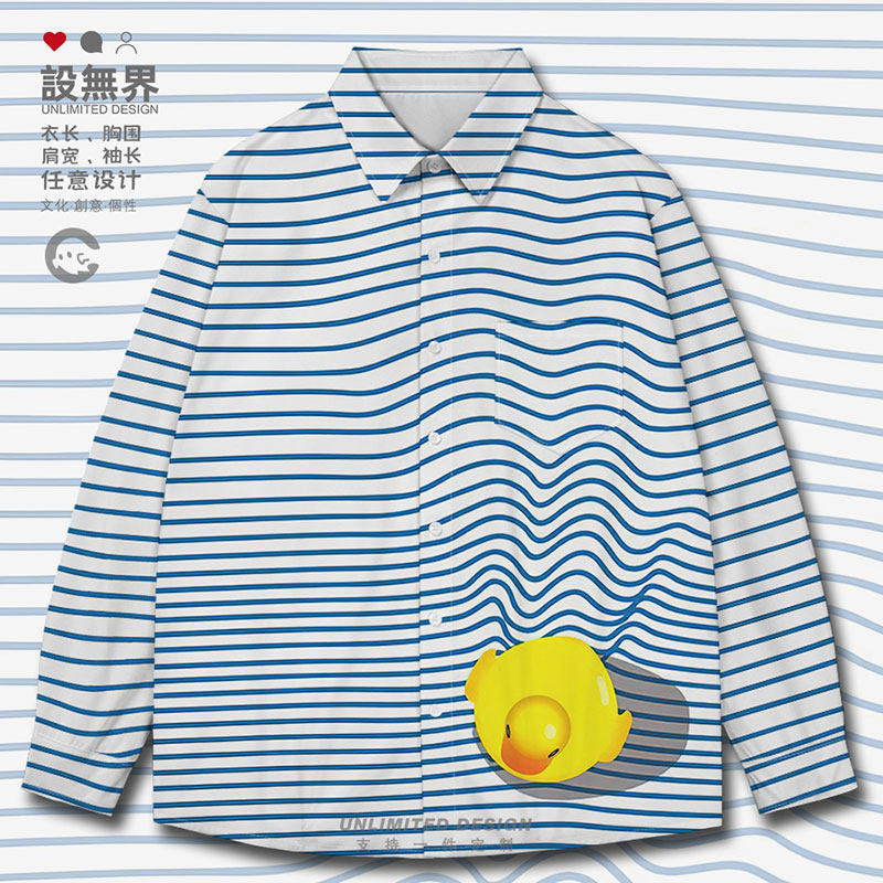 日系卡通3D鸭子水中游线长袖衬衫