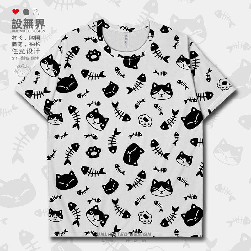 日系chic猫咪小鱼手绘涂速干T恤