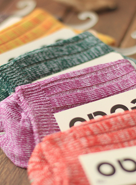 秋冬女粗线条民族风纯棉中筒袜子韩版原宿复古全棉运动毛线堆堆袜