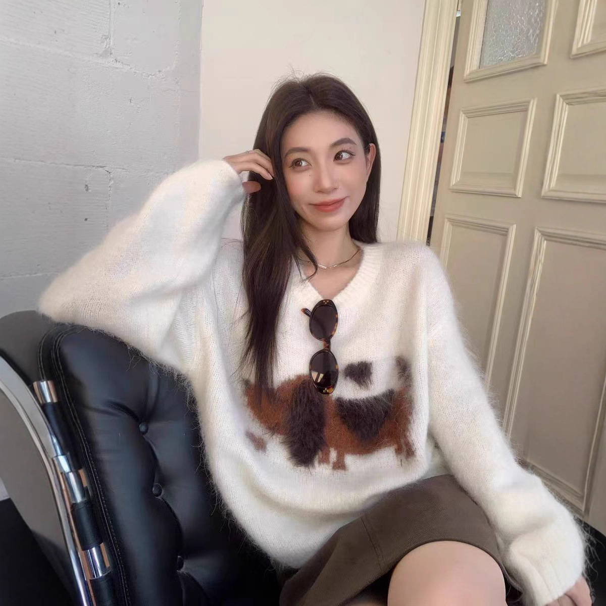 毛茸茸毛衣南油高端女软糯萌宠羊驼毛针织衫腊肠小狗百搭套头上衣