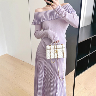 紫色南油高端女装法式温柔风一字肩荷叶边针织上衣鱼尾半身裙套装