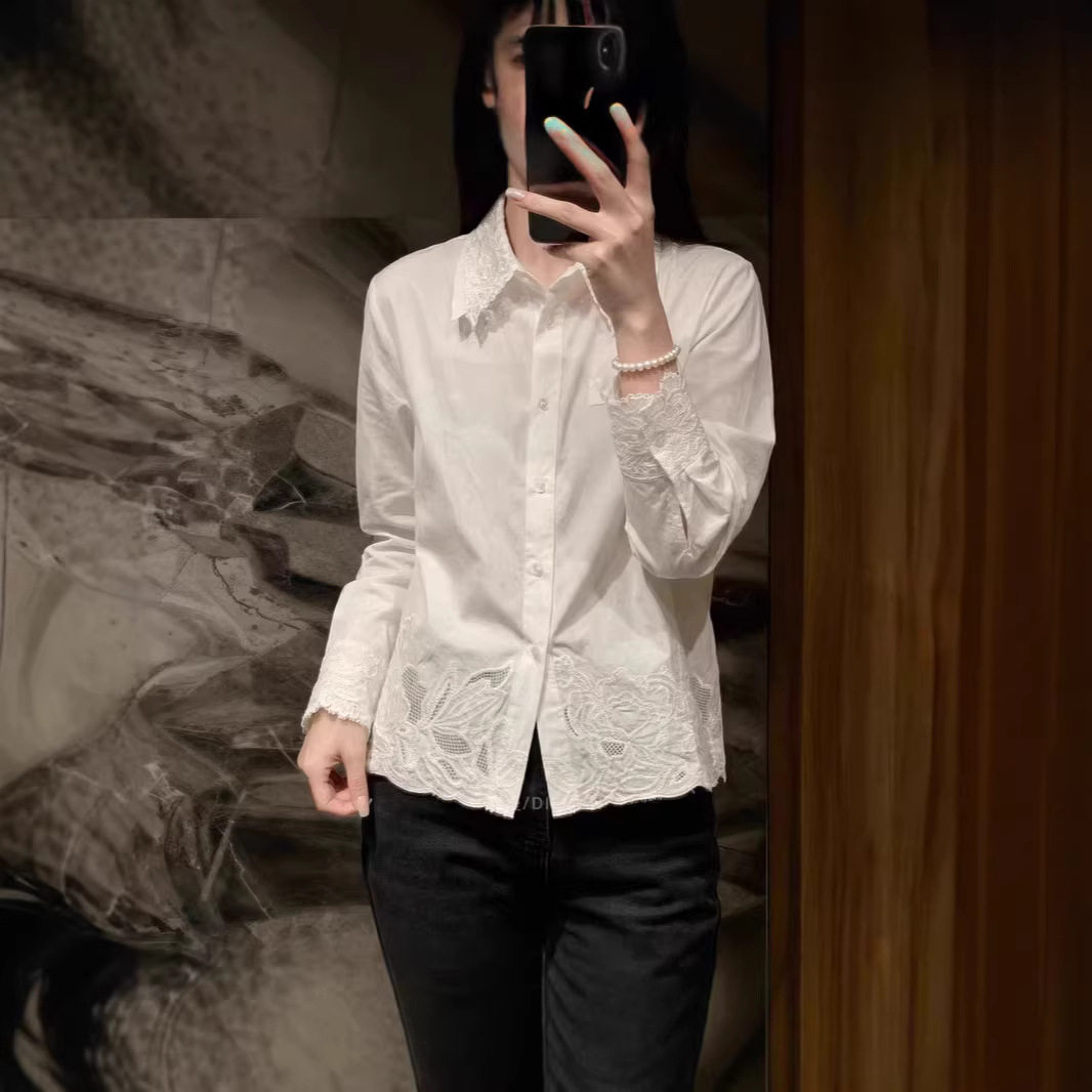 南油品质法式复古蕾丝拼接白衬衫女2026春设计感小众纯棉刺绣衬衣