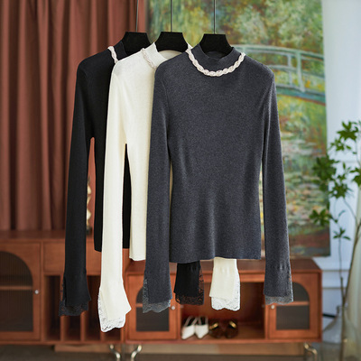 秋冬搭配单品轻奢精致半高领钻链蕾丝袖口拼接针织衫女新款打底
