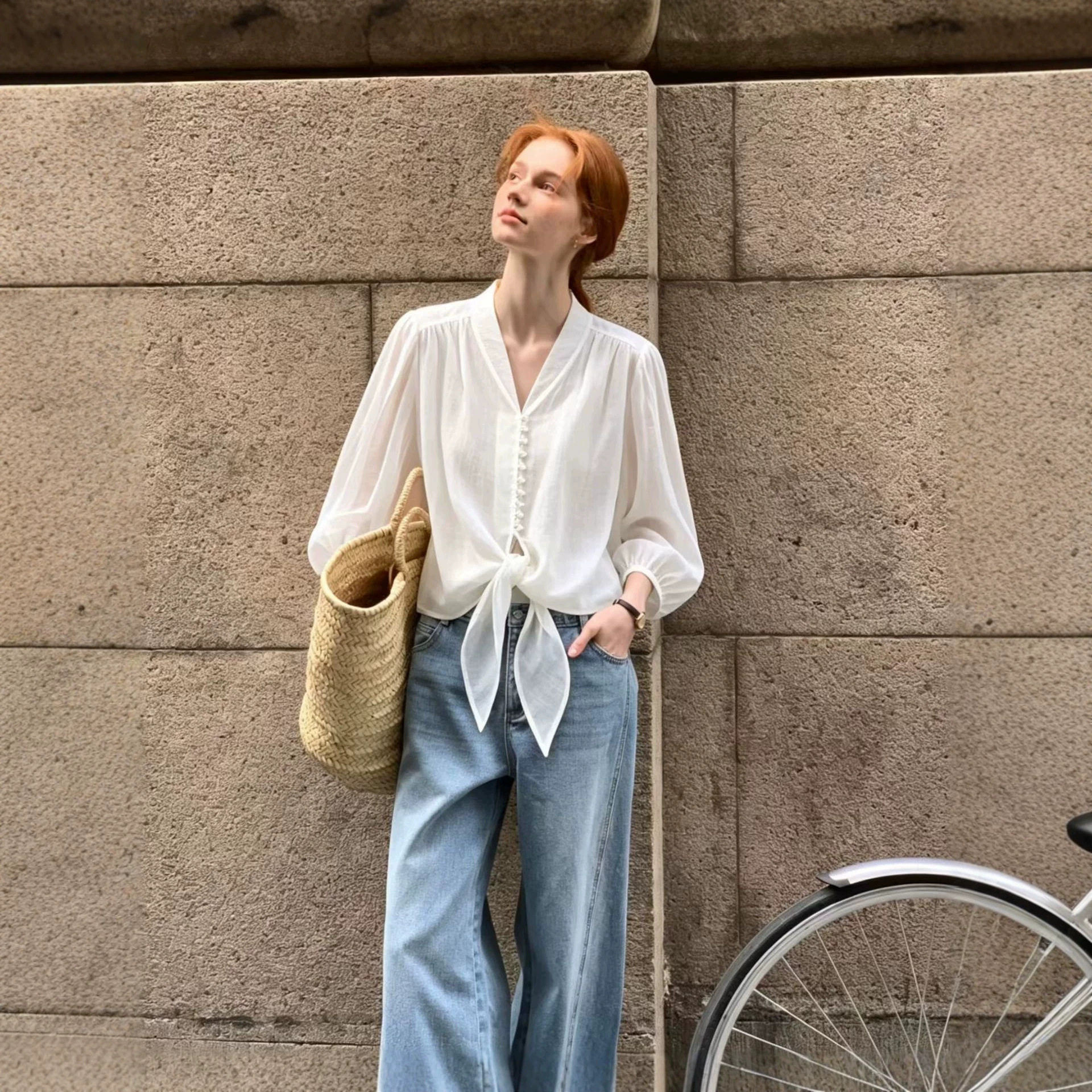 南油法式V领防晒排扣衬衫女夏季薄款透气系带收腰衬衣宽松显瘦女