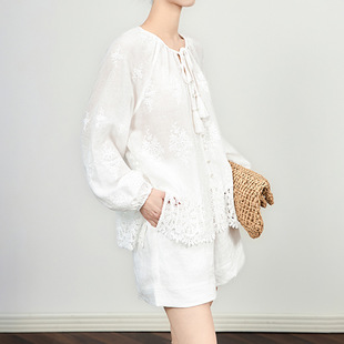 南法度假风蕾丝镂空上衣天丝麻南油精品刺绣长袖宫廷系带衬衫女装