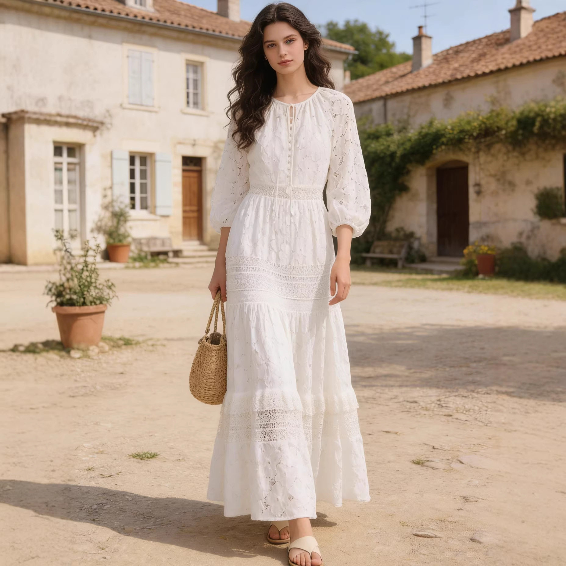 南油品质2026春夏白色蕾丝拼接连衣裙女圆领系带收腰显瘦大摆长裙