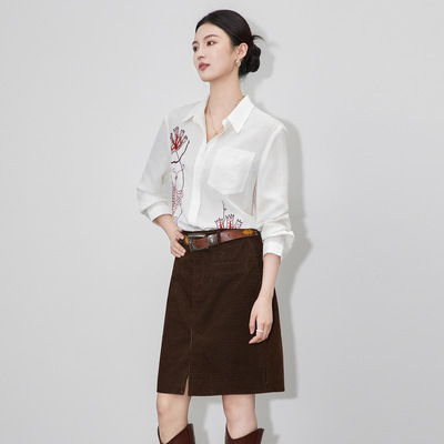 初秋简单穿搭南油轻奢高货重工刺绣衬衫天丝亚麻长袖上衣休闲宽松