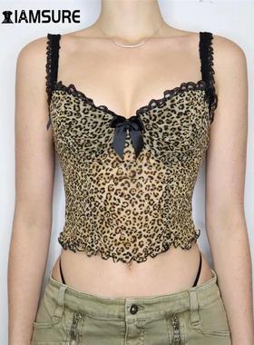 IAMSURE Holiday Sexy Leopard Printed Mesh Camis Top See Thro