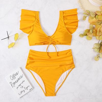 Solid Color High Waist Bikini Ruffle Drawstring Split Swimsu