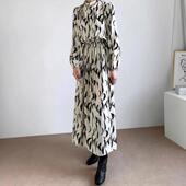 length 跨境chic 树叶印花连衣裙领结系带长裙Full skirt