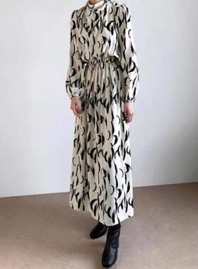 跨境chic 树叶印花连衣裙领结系带长裙Full-length skirt