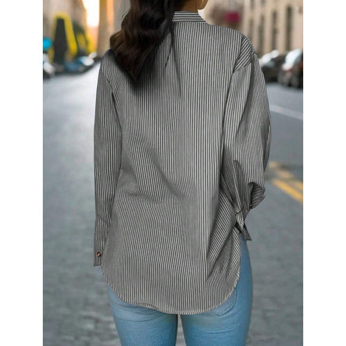 ladies Button Stripe Long Sleeve Shirt 纽扣条纹长袖休闲衬衫