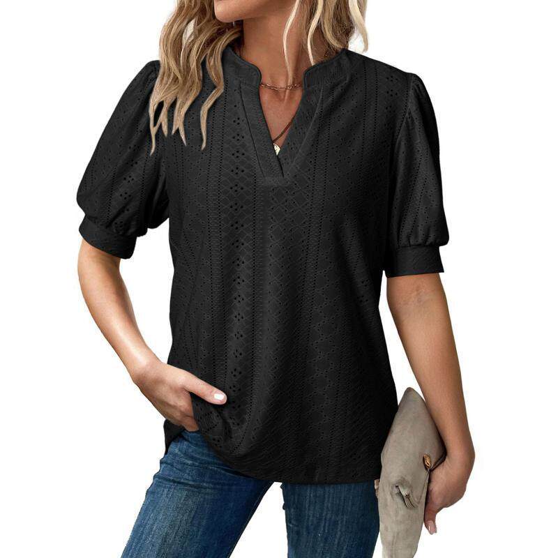 V-neck hollow bubble sleeve T-shirt V领镂空泡泡袖T恤