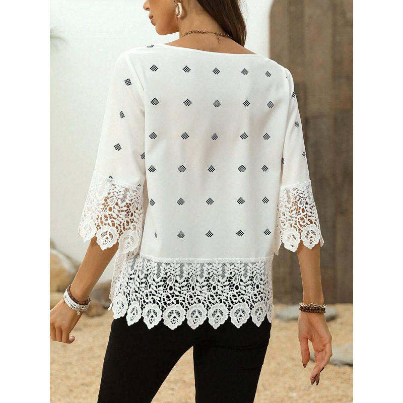 Lace V Neck Three-quarter Shirt 蕾丝 V领七分袖衬衫