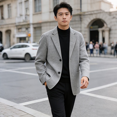 秋冬双面羊绒男士西装大衣短款