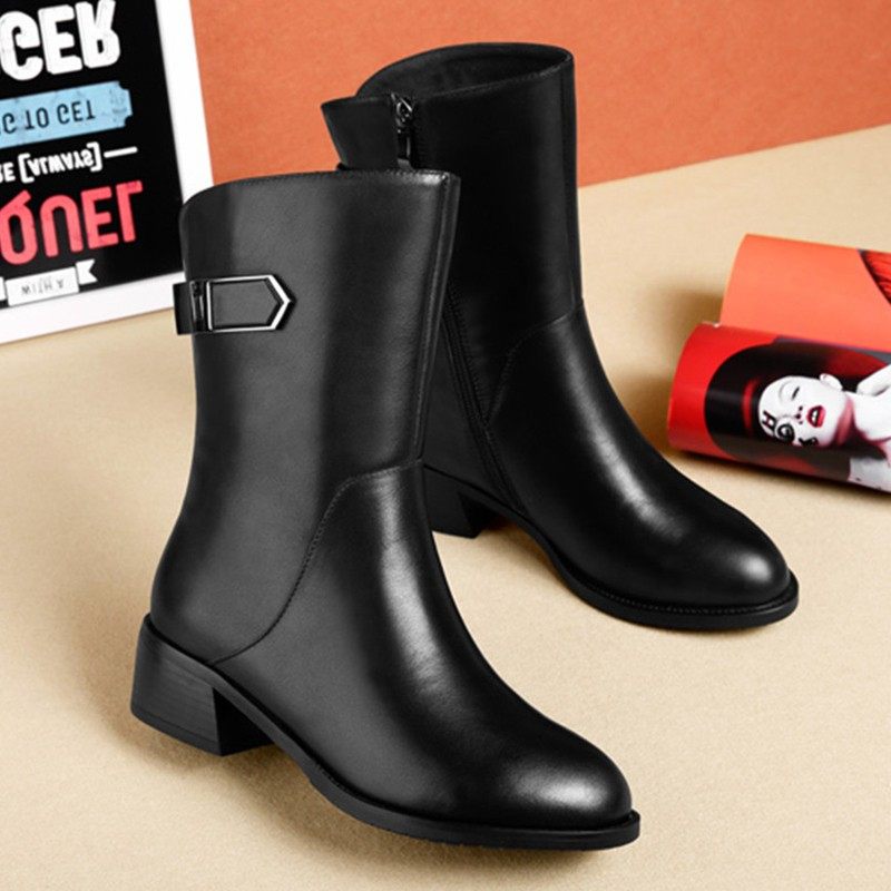 真皮女靴中筒靴平底短靴女单靴中跟粗跟皮靴大码加绒妈妈靴子秋冬,女鞋,时装靴,淘宝优惠券,粉丝福利购,淘宝优惠卷