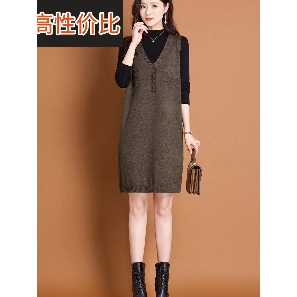 2025秋冬针织马甲连衣裙两件套女宽松休闲显瘦中长款背心裙厚套装