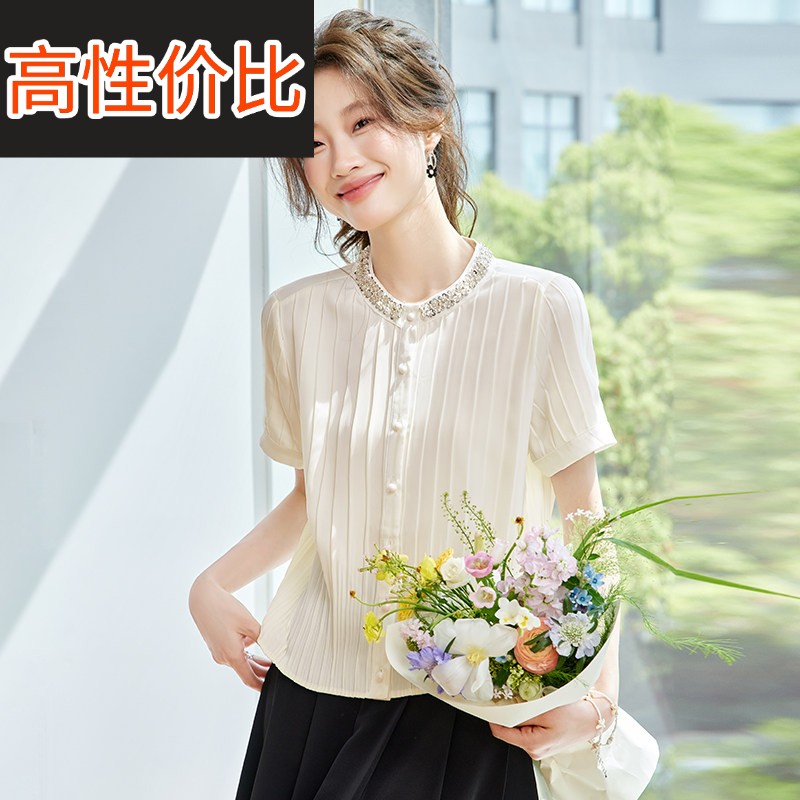 2025夏季新款时尚气质圆领钉珠雪纺短袖衬衫女宽松减龄超火衬衫薄