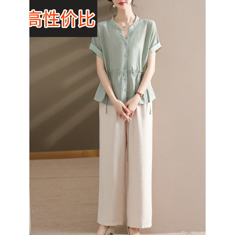 妈妈夏季套装2025新时尚中老年妇女短袖衬衫50岁优雅上衣