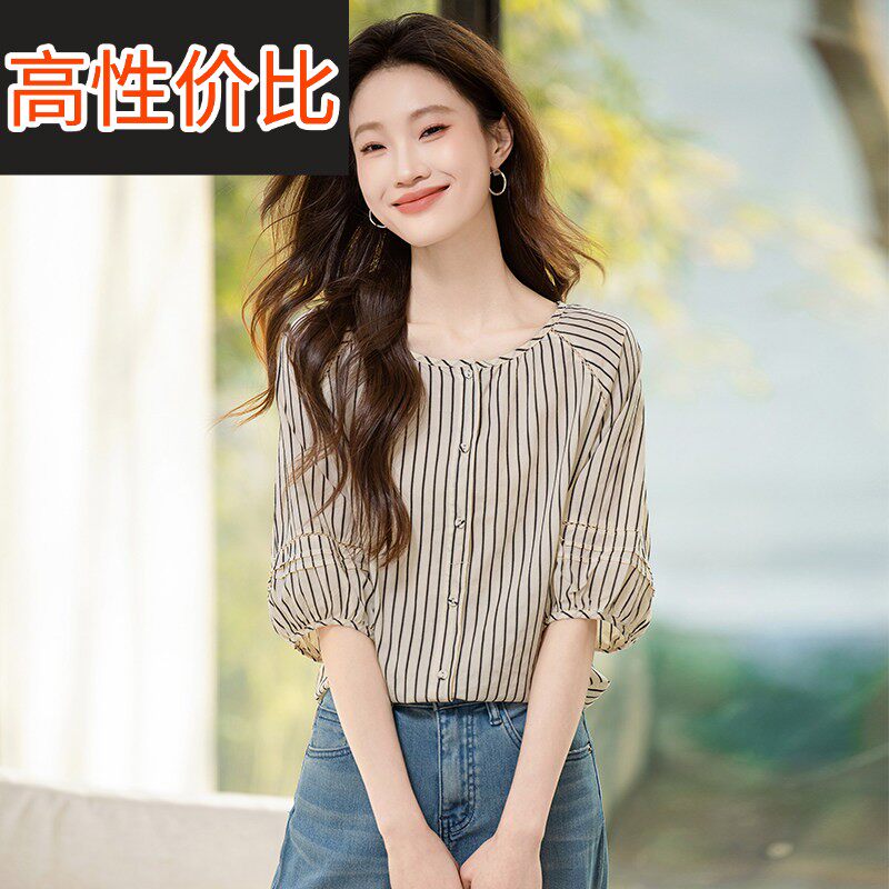 法式别致圆领条纹短袖衬衫女夏2026新款小个子高级感雪纺中袖上衣