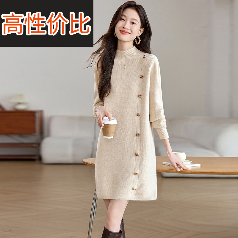 羊毛连衣裙2025新款女春秋高级配大衣针织毛衣裙遮肚子内搭打底裙