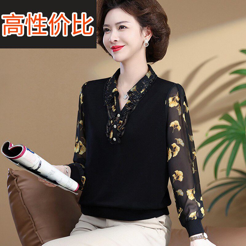 中老年人女春装长袖T恤妈妈小衫翻领2025新款中年妇女夏季上衣薄