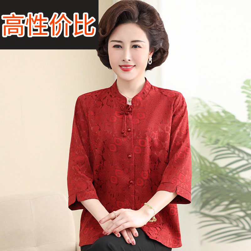 妈妈夏装桑蚕丝衬衫喜婆婆婚礼装中老年人上衣奶奶唐装真丝衬衫女