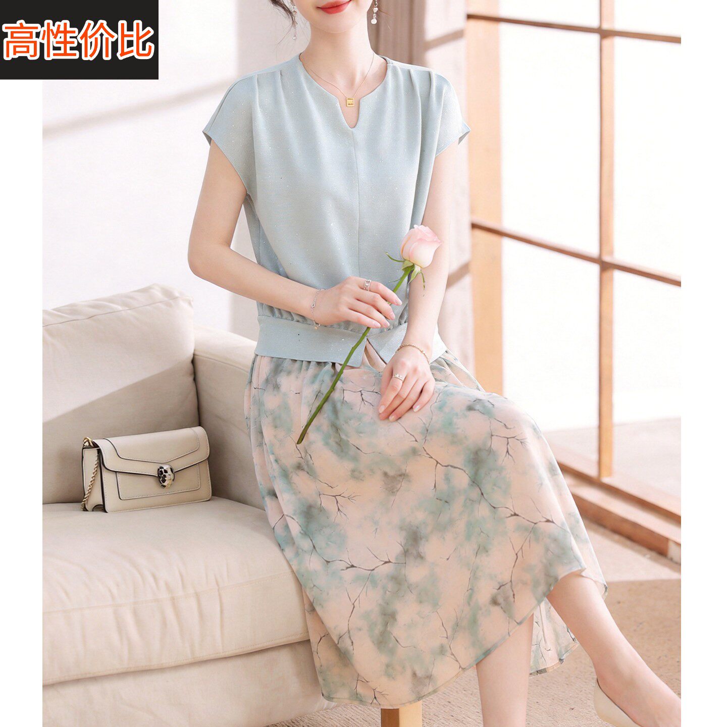 喜卉洋派妈妈新款套装裙时尚高贵减龄中老年女装短袖50多岁洋装