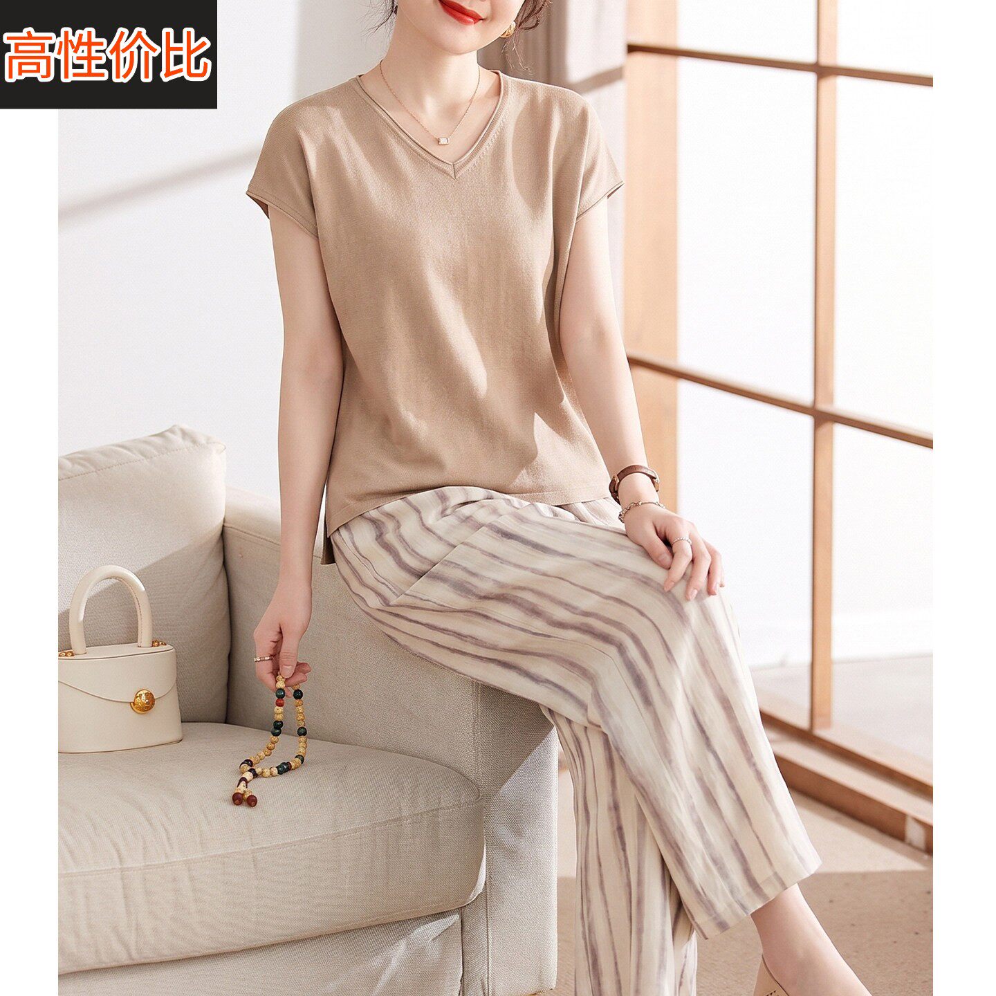 喜卉年轻妈妈装2026新款时尚两件式套装休闲薄短袖上衣裤子宽松洋