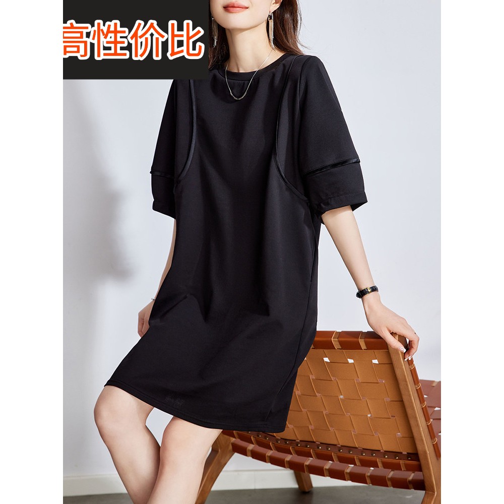2025新夏季款式黑色Normcore风格连衣裙，宽松，覆盖肉，时尚中长