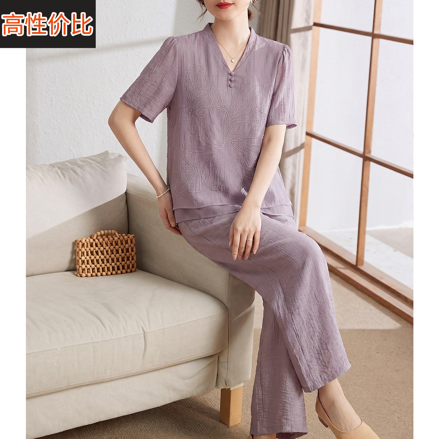 喜卉妈妈夏装2026新款短袖时尚短衬衫套装中老年女装宽松上衣纯色