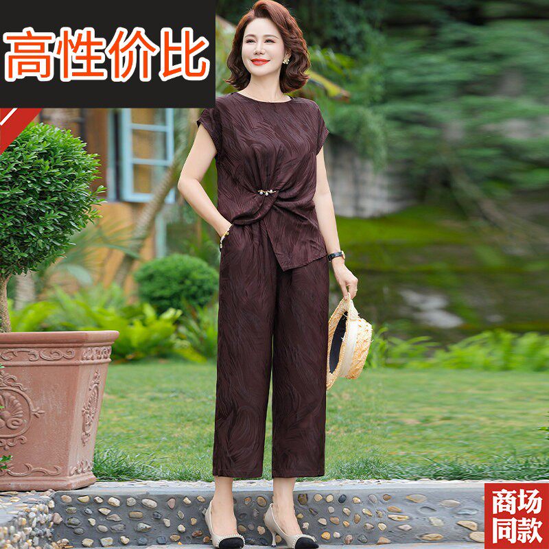 大尺码高档桑蚕丝套装妈妈夏装真丝短袖T恤直筒裤两件套中老年上