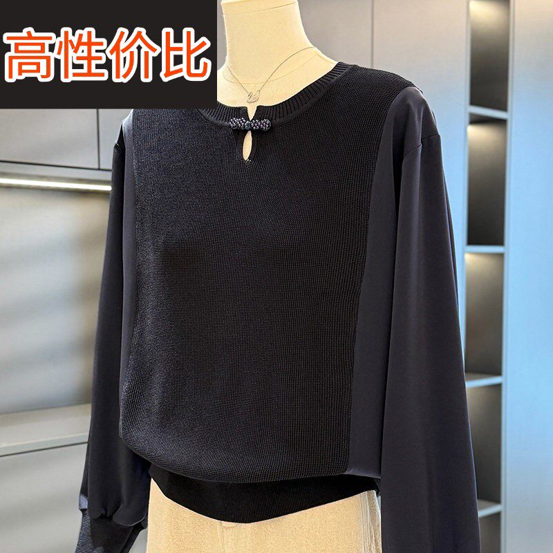 时尚休闲雪纺拼接针织衫女妈妈装春装新款上衣气质百搭中年人打底