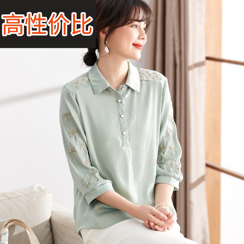 喜卉中年妈妈春装雪纺T恤新款小衫中老年女夏季洋派衬衫领上衣服