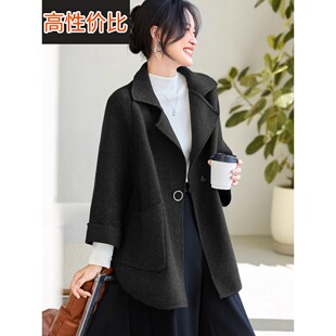 2025冬季新款黑色口袋通勤针织开衫西装领微胖时尚显瘦轻熟外套女