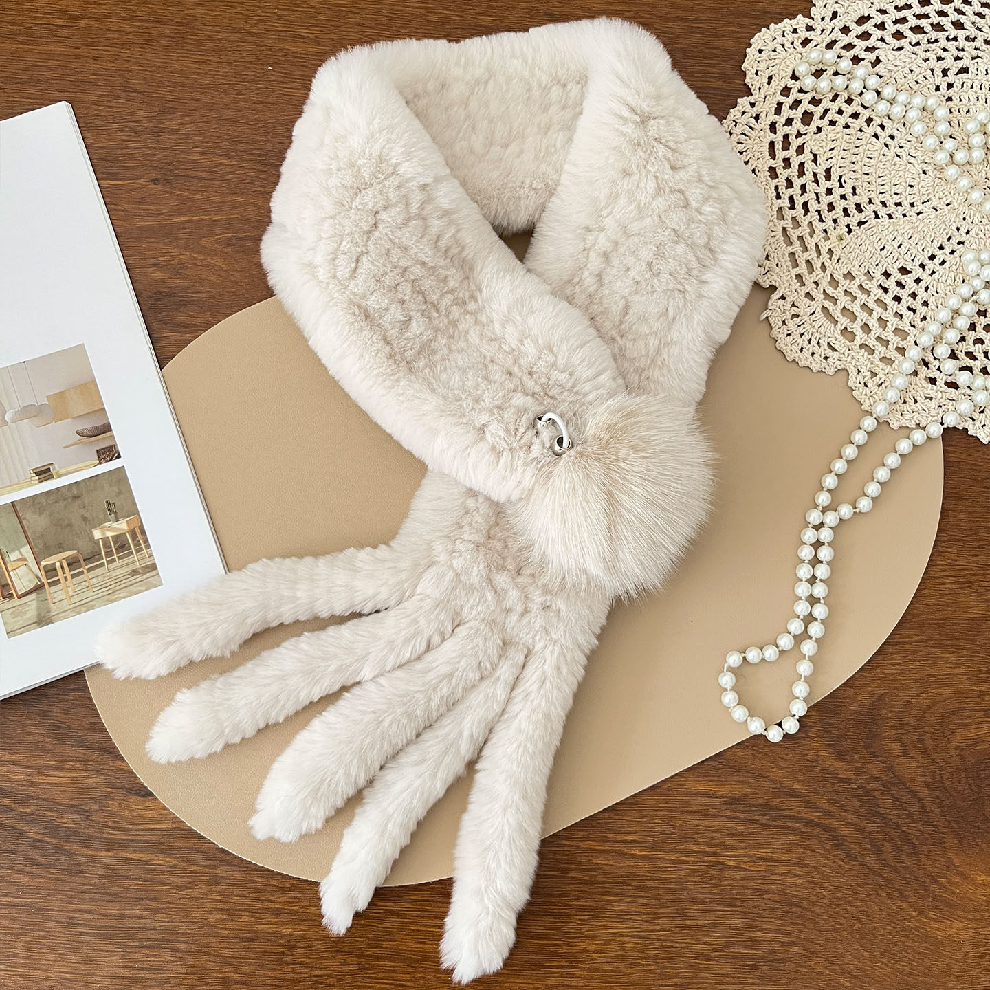 纯手工双面獭兔毛围巾编织保暖