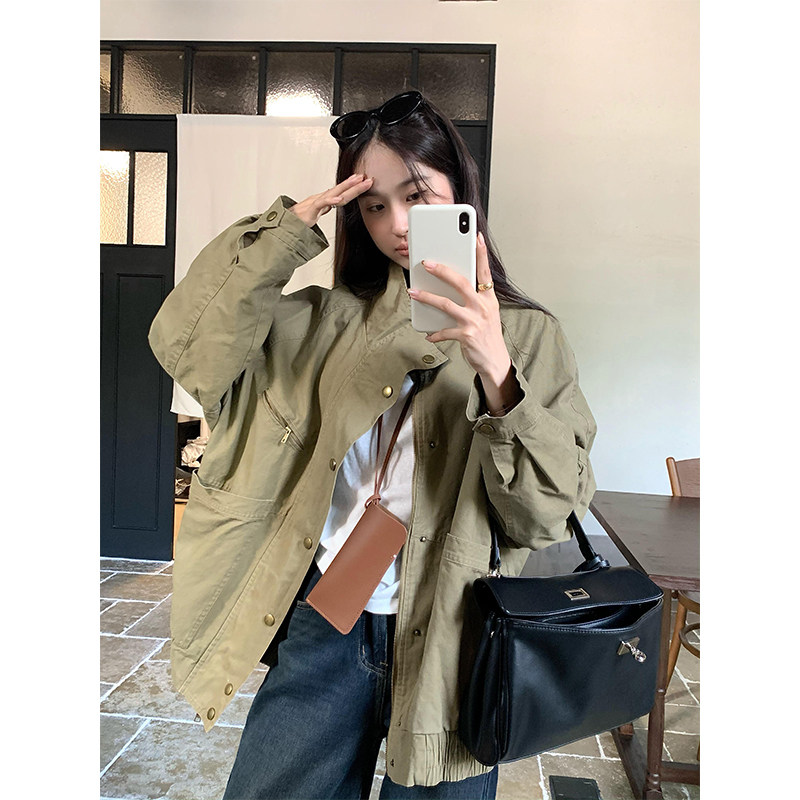 豆仁家水洗做旧工装外套女中长款