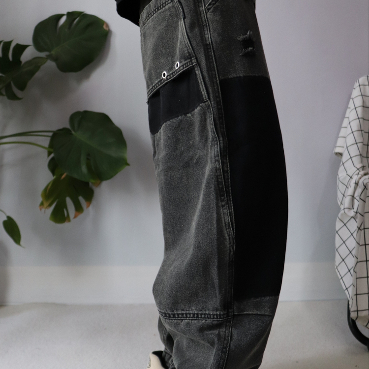 痞帅牛仔裤复古拼色微垮九分裤